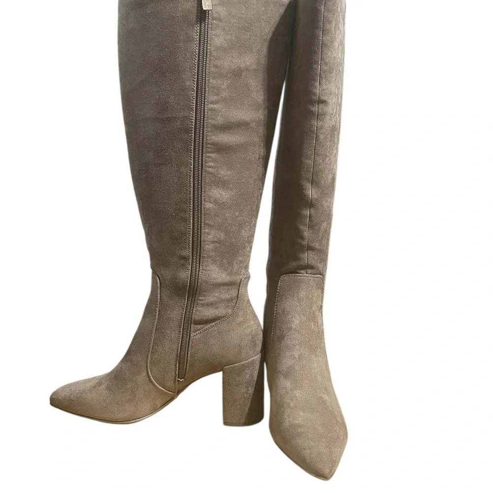 Anne Klein Tan Truffle Knee-High Block Heel Neutral Dress Boots sz 8.5W NIB